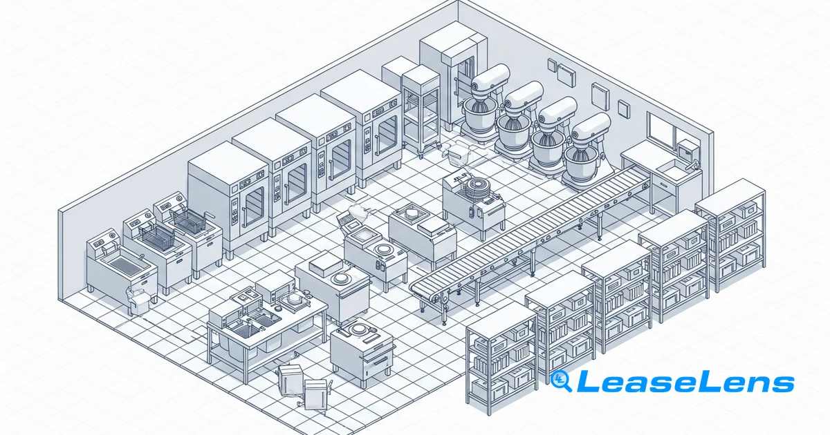 A multi-unit restaurant operations manager inspecting a stainless steel commercial fryer in a modern kitchen while reviewing a digital asset list on a tablet.