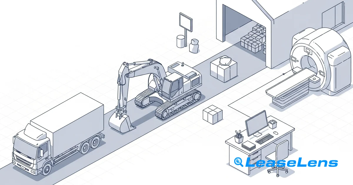 A frustrated CFO reviewing a surprisingly high equipment lease invoice at a modern office desk, with a medical imaging machine faintly visible in the background.