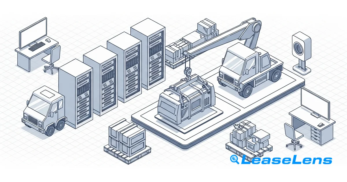 A CFO and operations manager reviewing a detailed equipment lease contract on a digital tablet in a modern industrial facility.